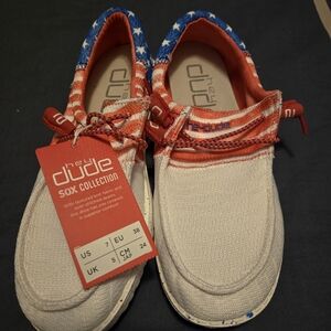 Hey Dude Women's Red, White, and Blue Moccasins